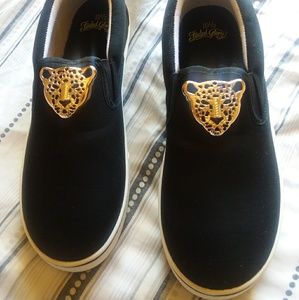 Gold Cheetah head slip on sneakers