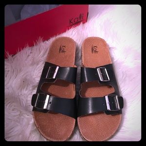Kali black buckled slide on sandals