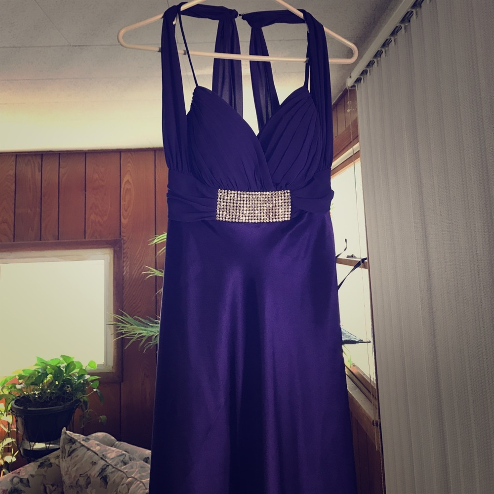 Open back purple full length prom dress
