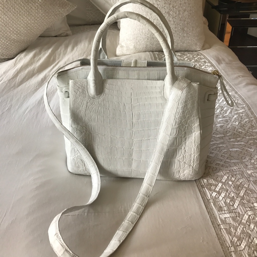 White crocodile top handle purse