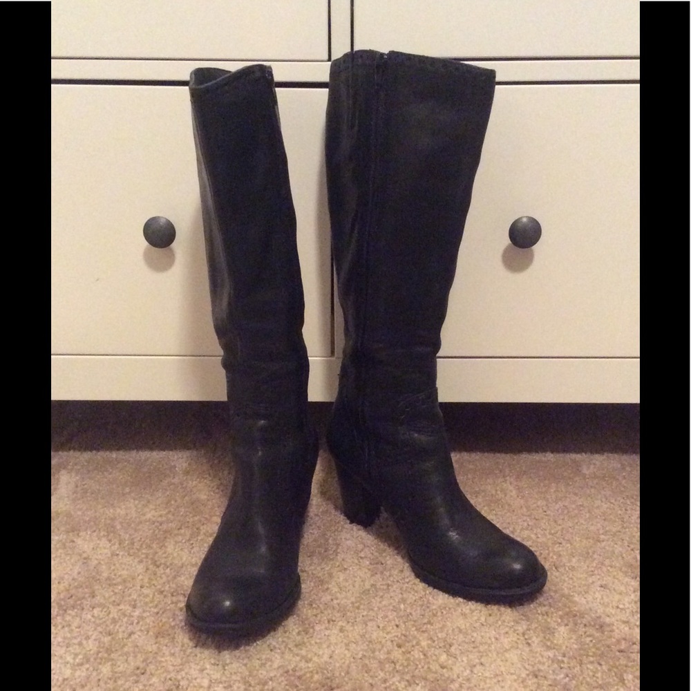 Leather high heel riding boots w/ detailing