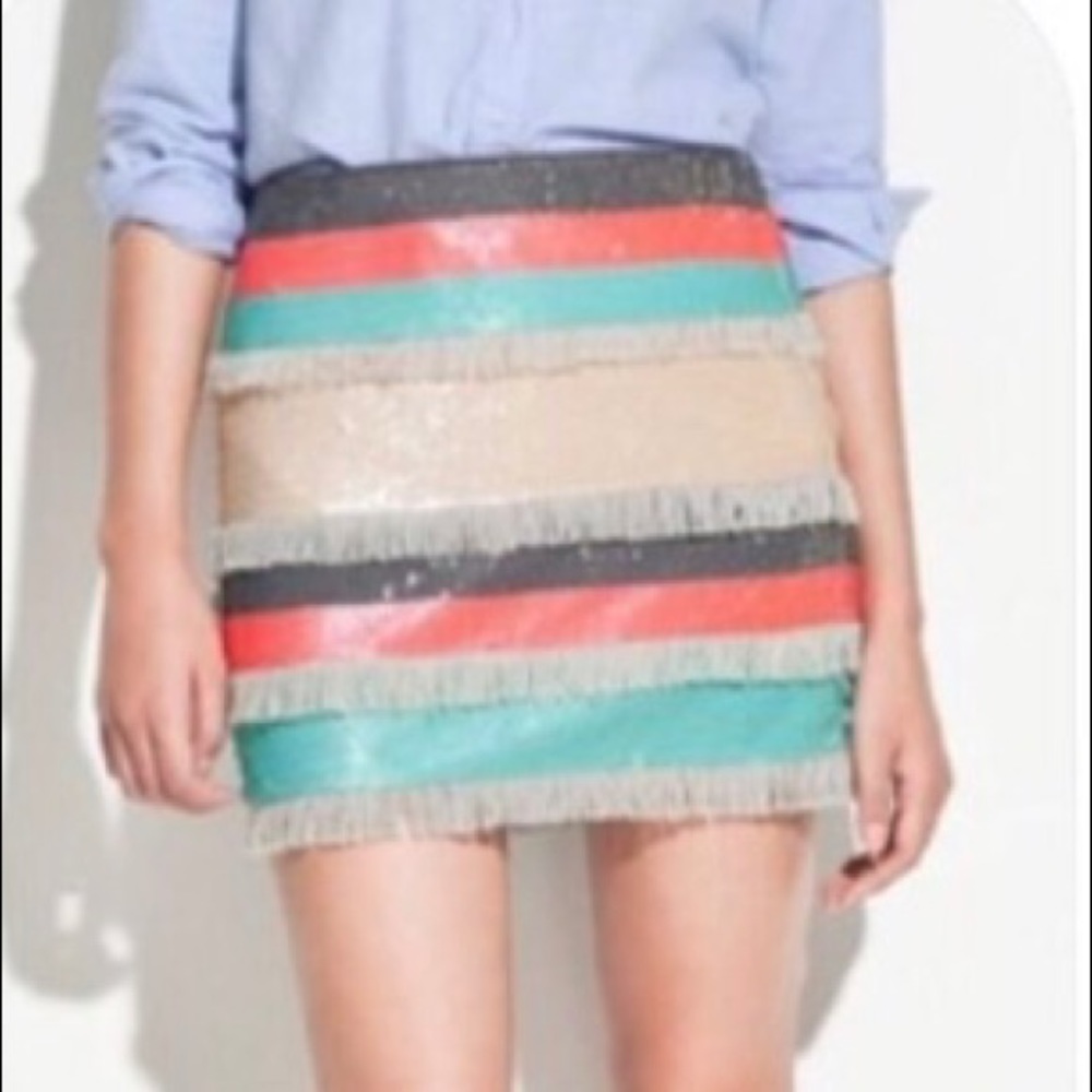 Zara sequin Fringe striped mini skirt sz L coral