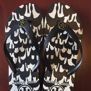 Tory Butch Black + White Classic Wedge Flip Flops