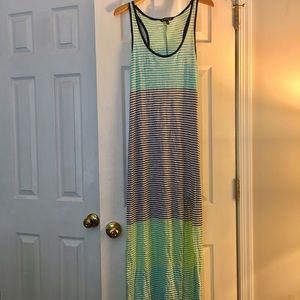 Blue and green striped maxi dress