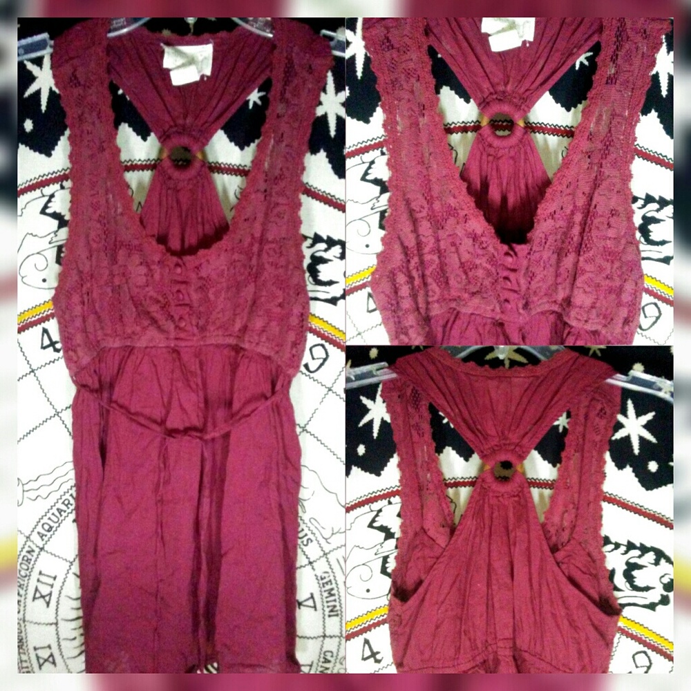Maroon Lace Front Racer Back Tank With Tie