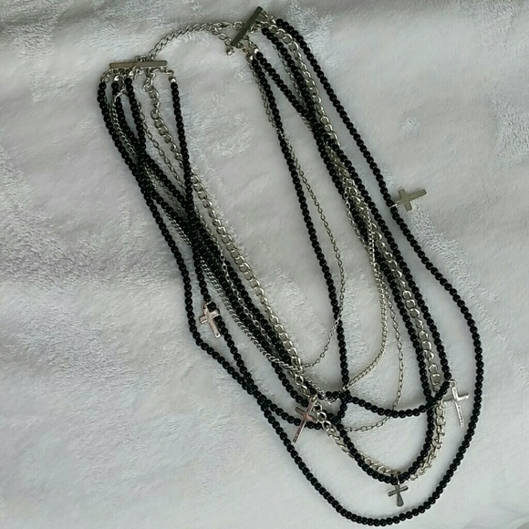 unknown  Jewelry - Necklace Multi Chain Black Beads With Crosses