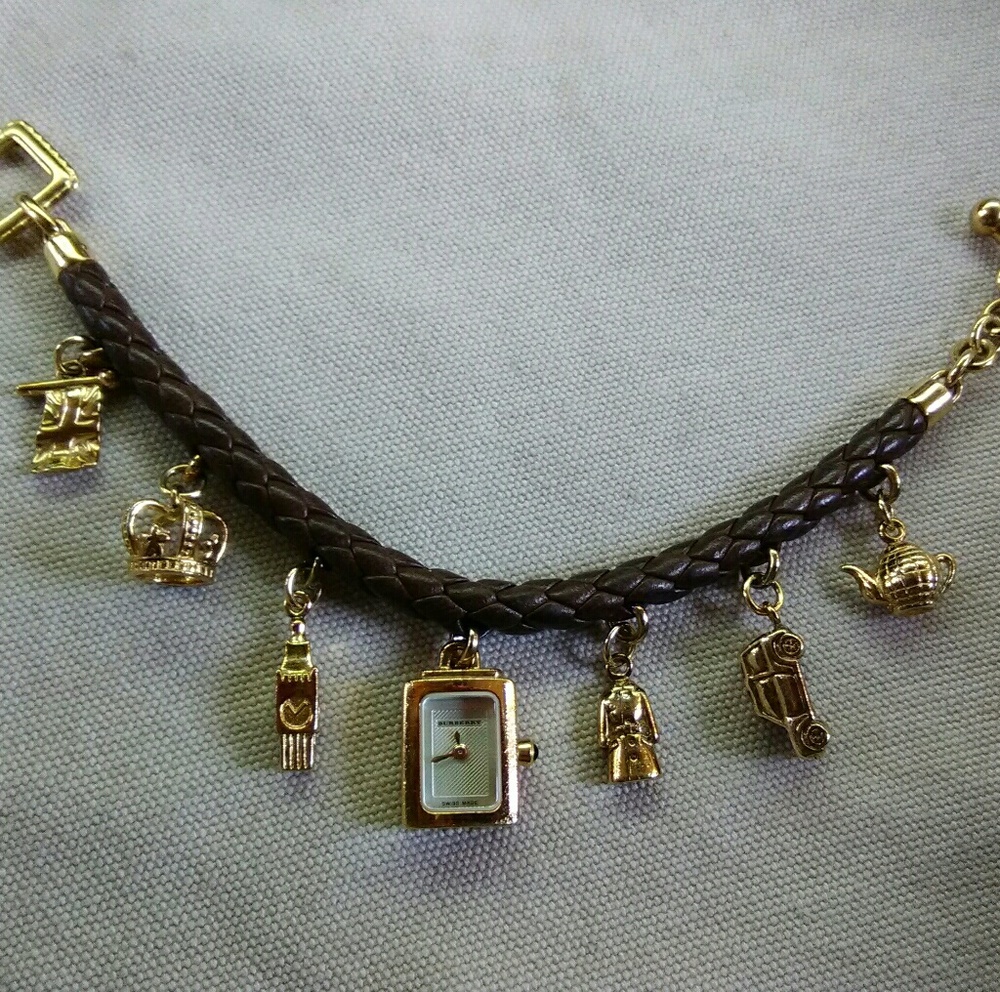 Burberry Leather Gold Plated Charm Bracelet Watch