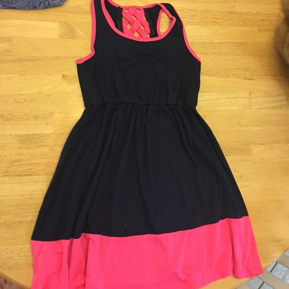 Girls dress navy and neon pink.