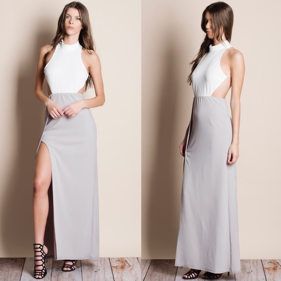 White Grey Backless Maxi Dress - Picture 3 of 5