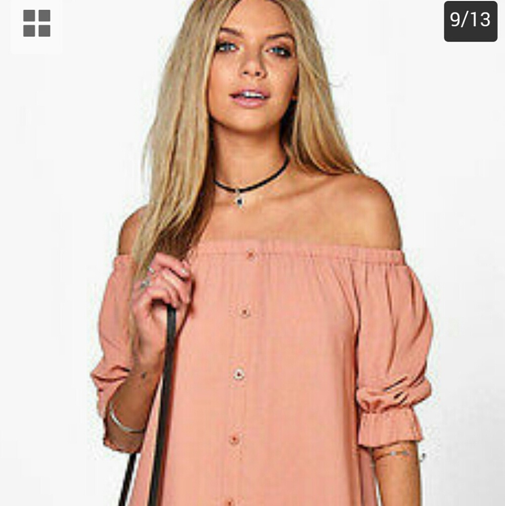 OFF THE SHOULDER BUTTON EVENING SHIRT DRESS