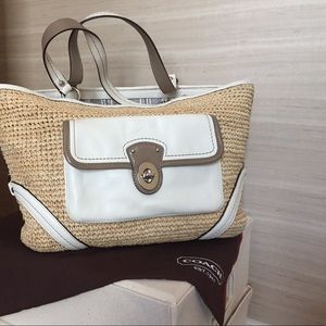 Coach straw tote bag with leather accents