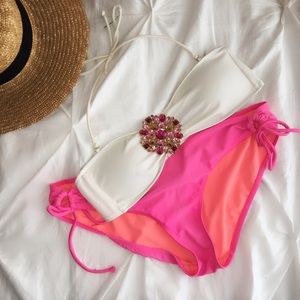White bikini top with jeweled medallion!