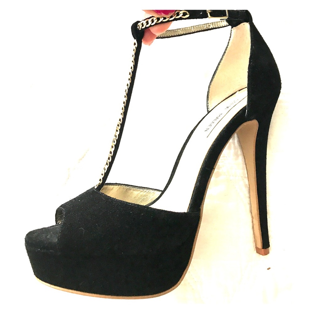Suede platforms with gold chain t-strap detail