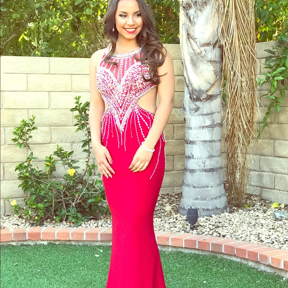 Prom Dress Red with Iridescent stones detailed
