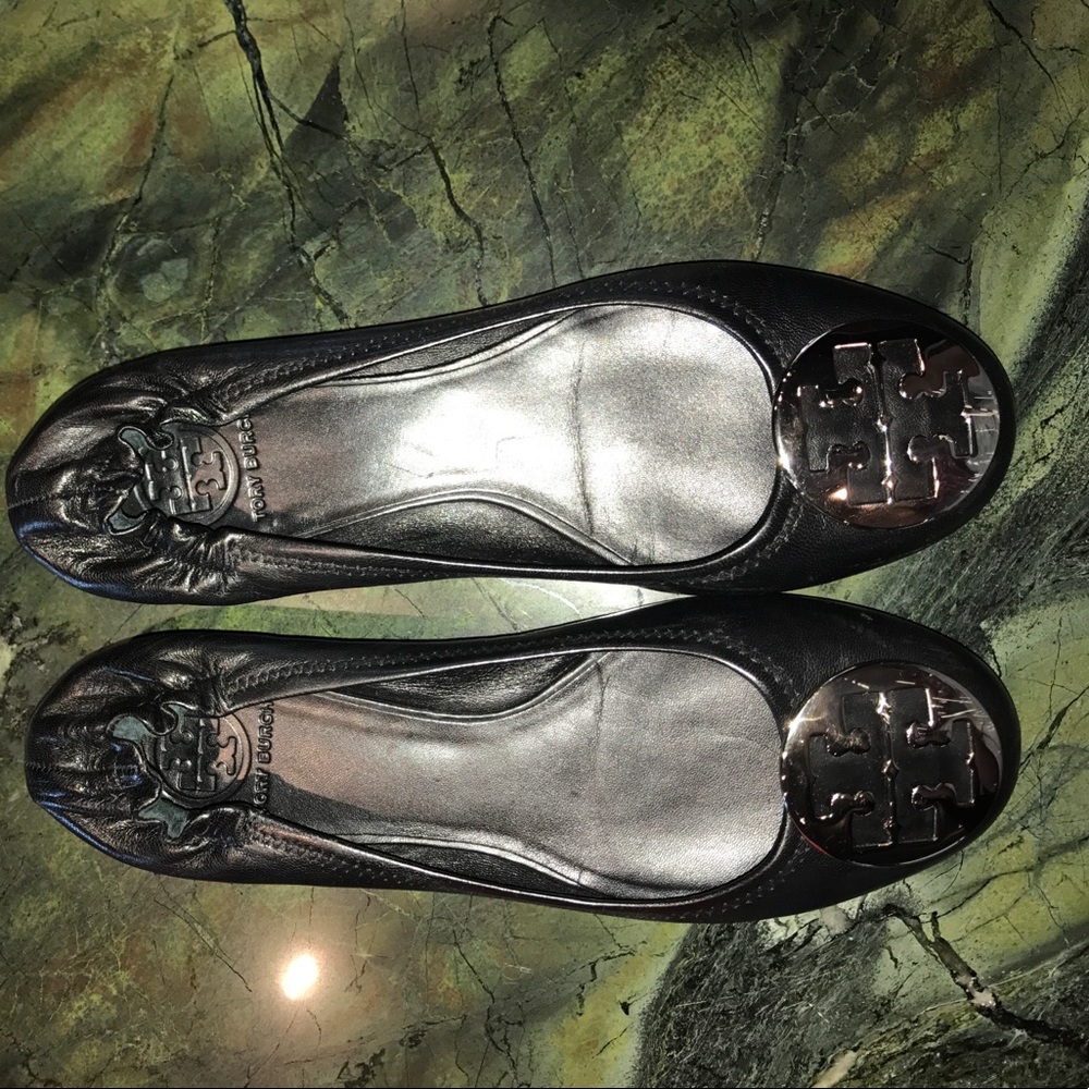 Tory Burch black leather flats with silver buckle