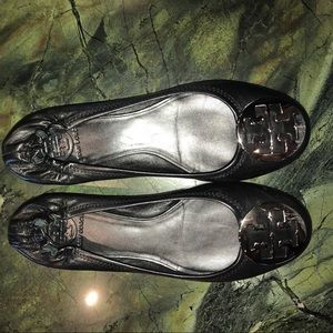 Tory Burch black leather flats with silver buckle