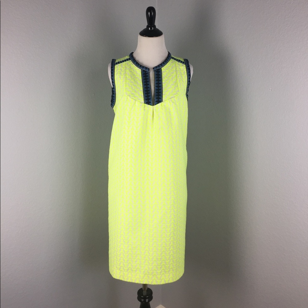 J. Crew Shift Dress Size 6 - Neon Yellow Blue Trim
