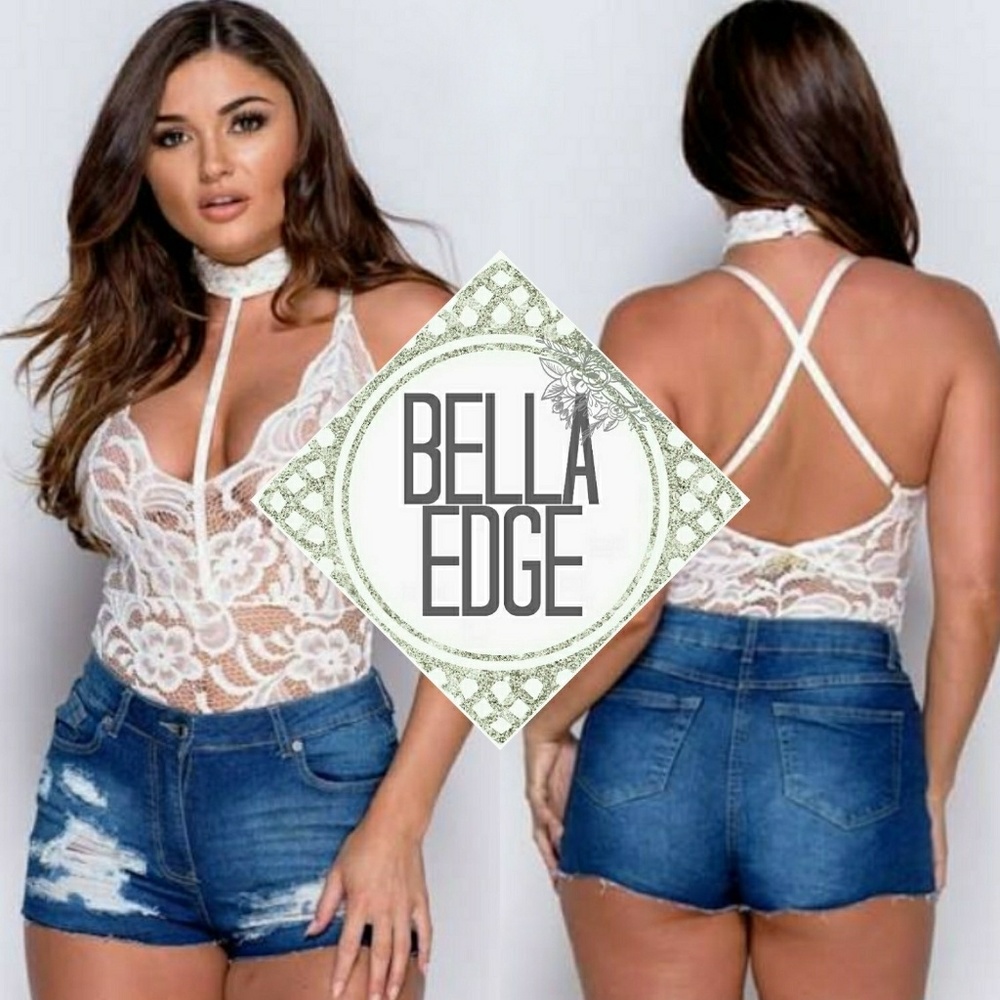 ADRIANA White Lace Plunge Neck Choker Bodysuit - Picture 1 of 2