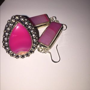 Ring Size 7 and Ear Ring Set Gorgeous Pink Agate In Swirling Colors In Silver