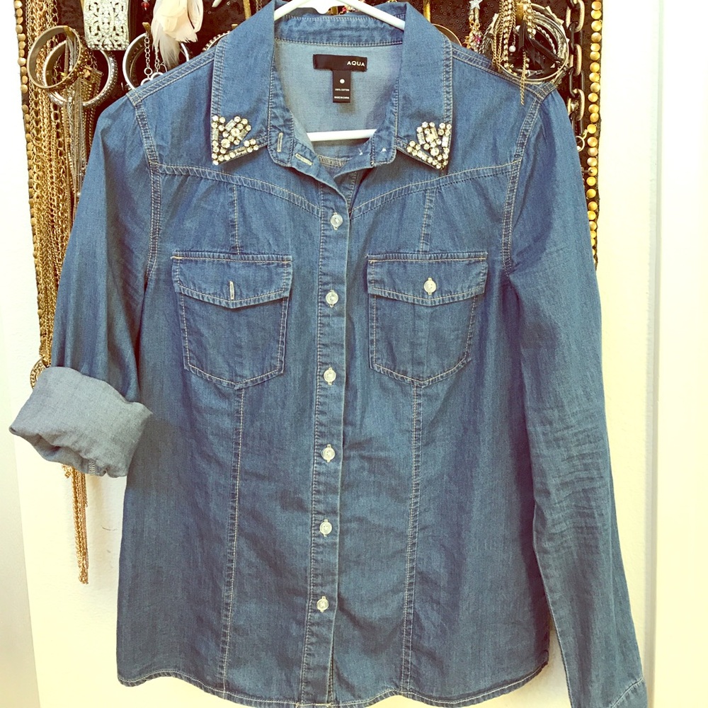 Aqua rhinestone jeans button up