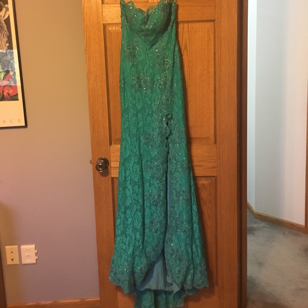 Strapless teal laced prom dress