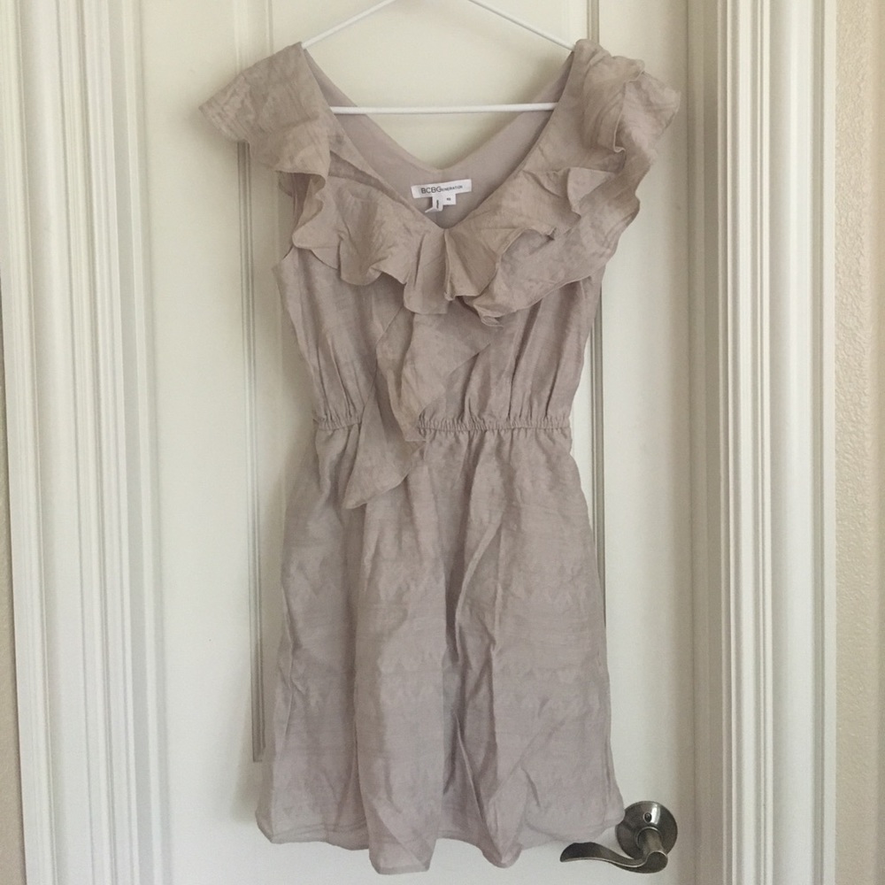 Tan BCBGeneration dress with adorable neck!