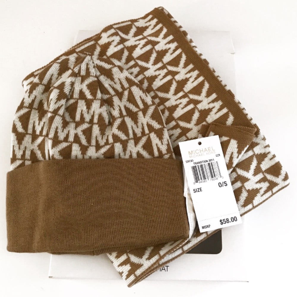  $88 Michael Kors Logo Scarf & Hat Set Camel Tan