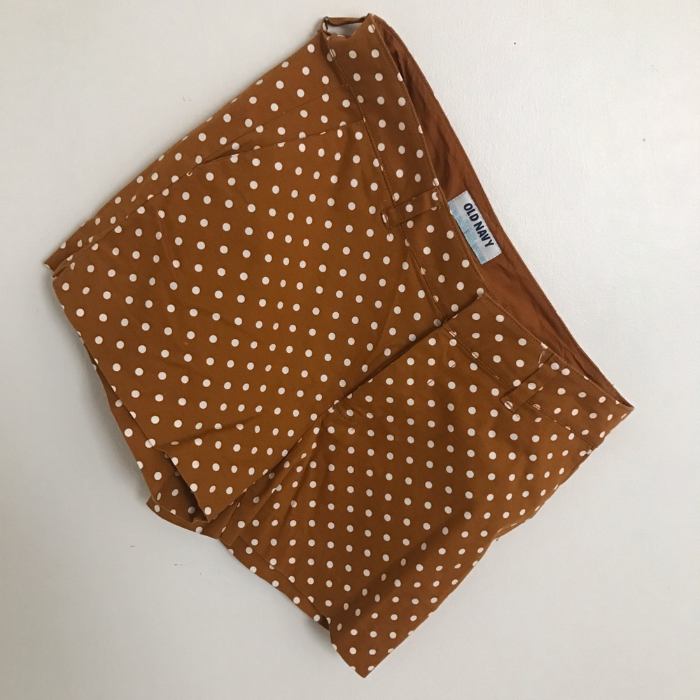 Burnt orange with white polka dot shorts