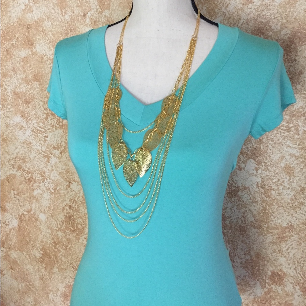 Gold Tone Leaf Tiered Multi-Tiered Necklace
