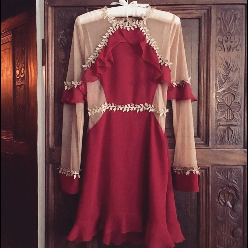 For Love & Lemons Red and Gold leaf mini dress.