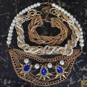 3pcs lot 2 faux pearl & gold necklaces 1 bracelet