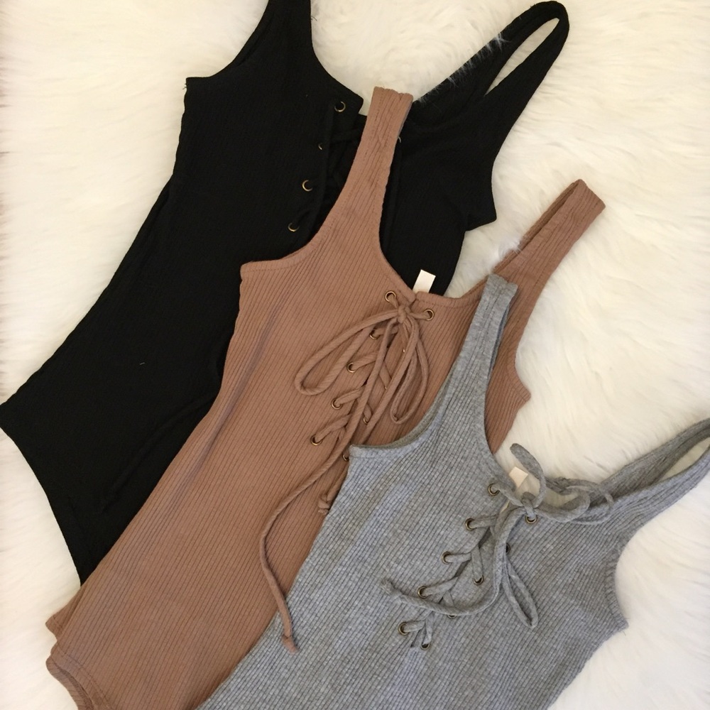 •LAST ONE• Heather Grey Lace Up Ribbed Bodysuit - Picture 2 of 8