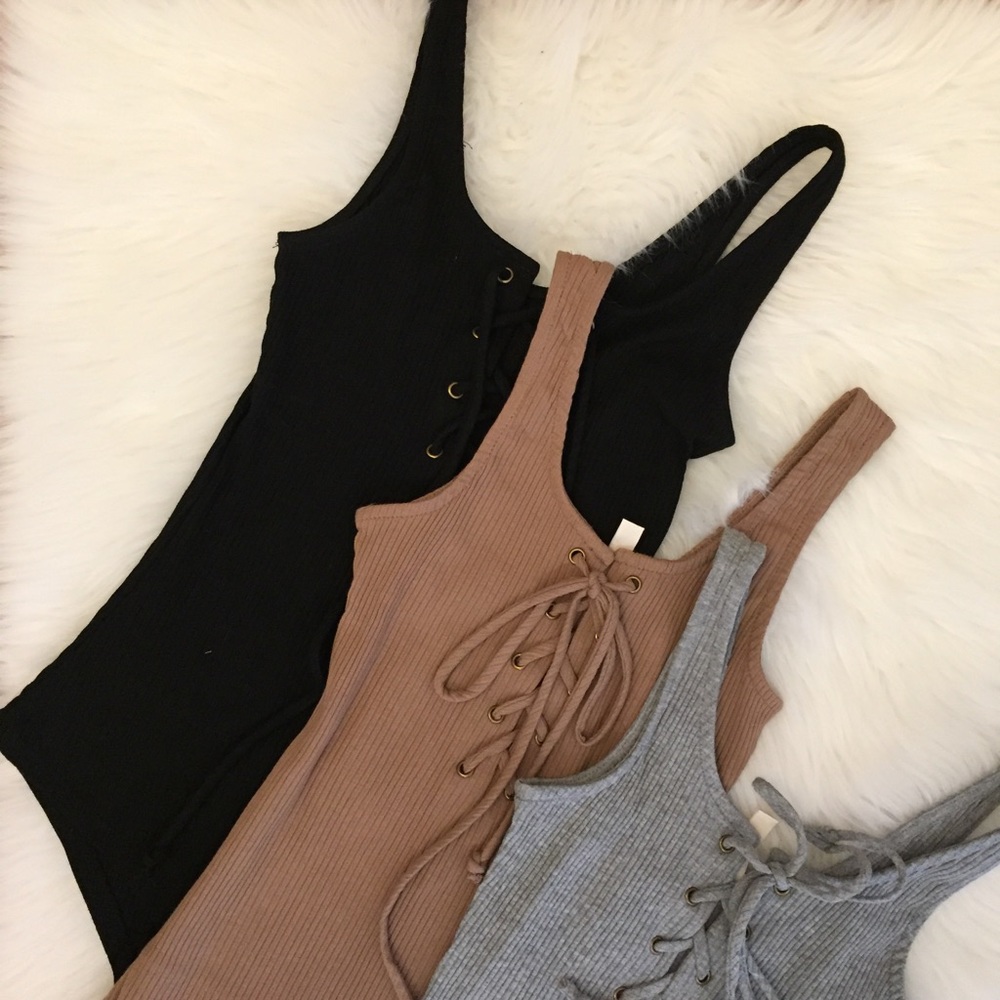 •LAST ONE• Heather Grey Lace Up Ribbed Bodysuit - Picture 6 of 8