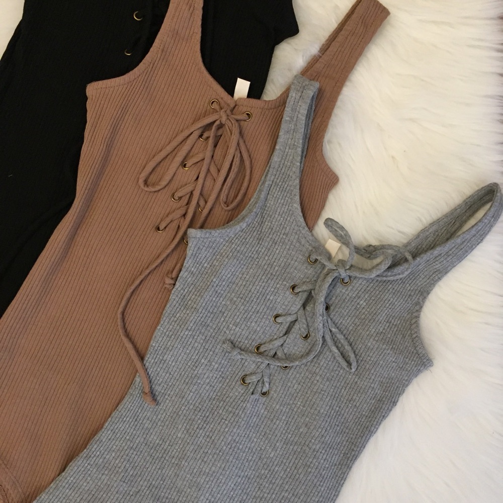 •LAST ONE• Heather Grey Lace Up Ribbed Bodysuit - Picture 7 of 8