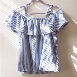 blue striped off the shoulder blouse