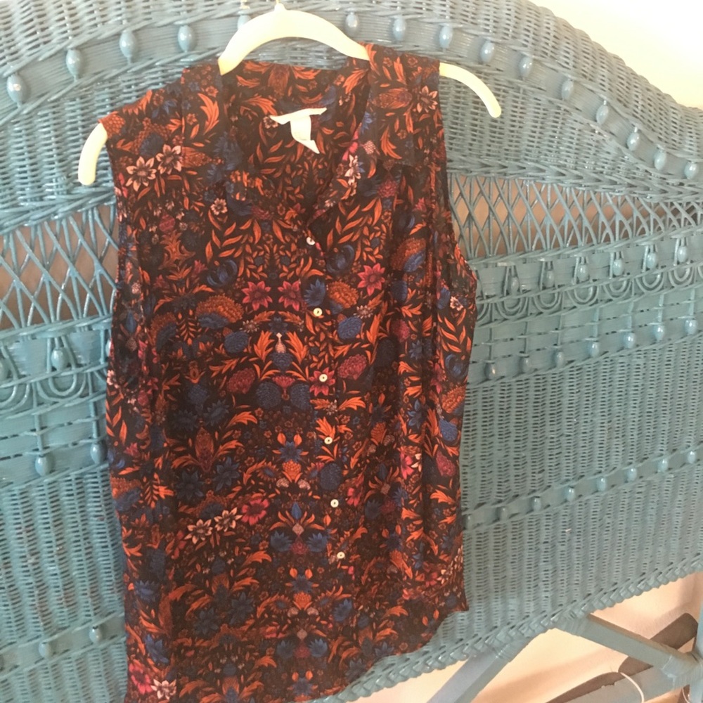 H&M sheer button up shirt hi lo hem 16 flowers