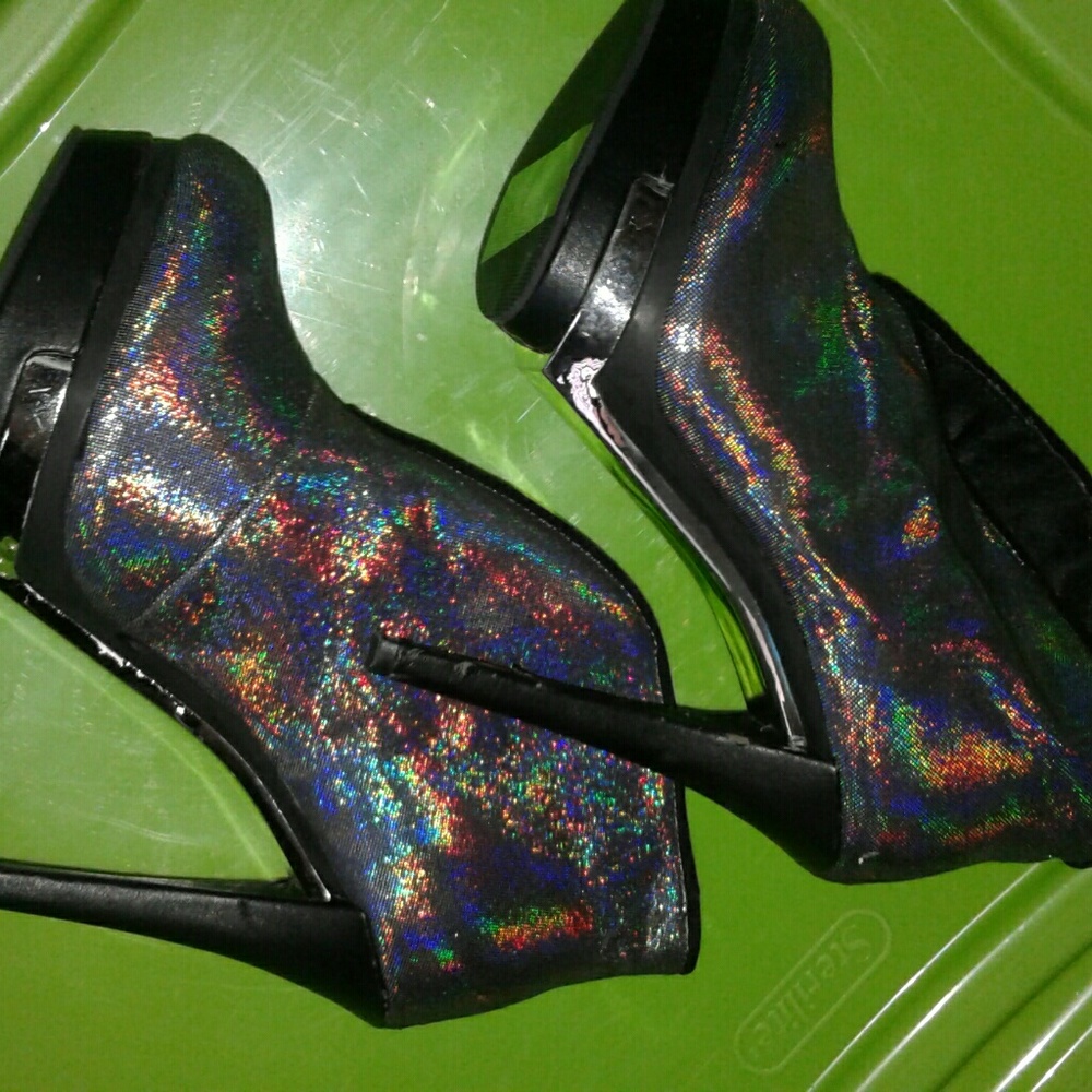Iridescent heeled booties