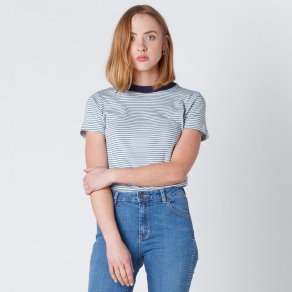 Rolla's Saturday Stripe Crop Baby Tee in Midnight.