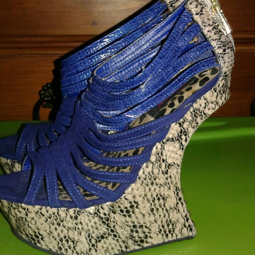 Blue suede strappy wedge heels