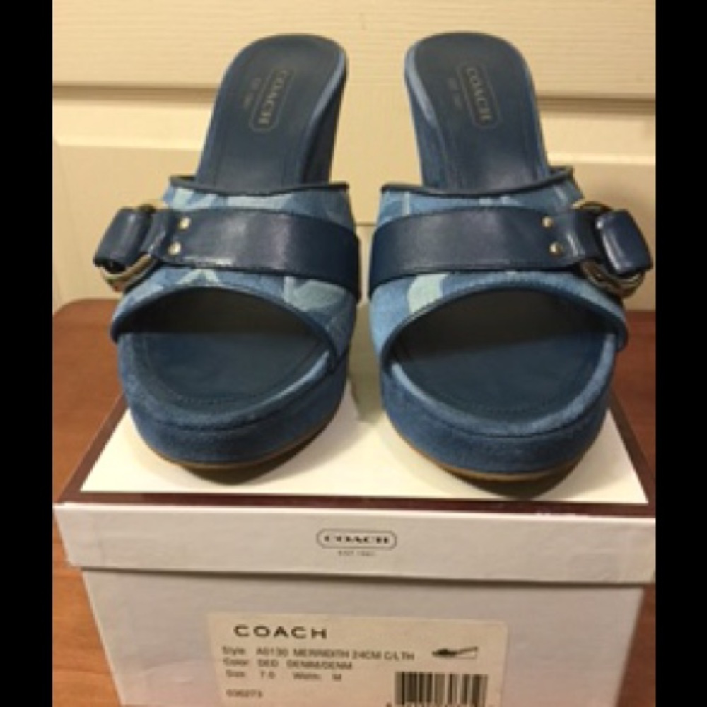 Blue Suede Coach Wedges
