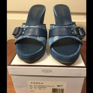 Blue Suede Coach Wedges