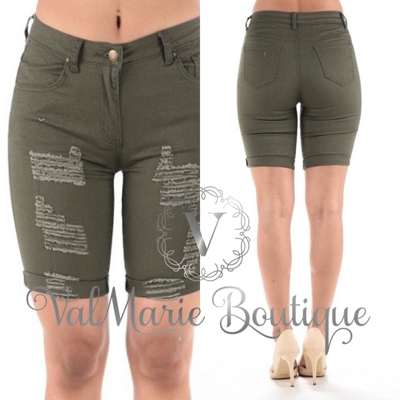 Olive Destroyed Bermuda Shorts - Picture 2 of 3