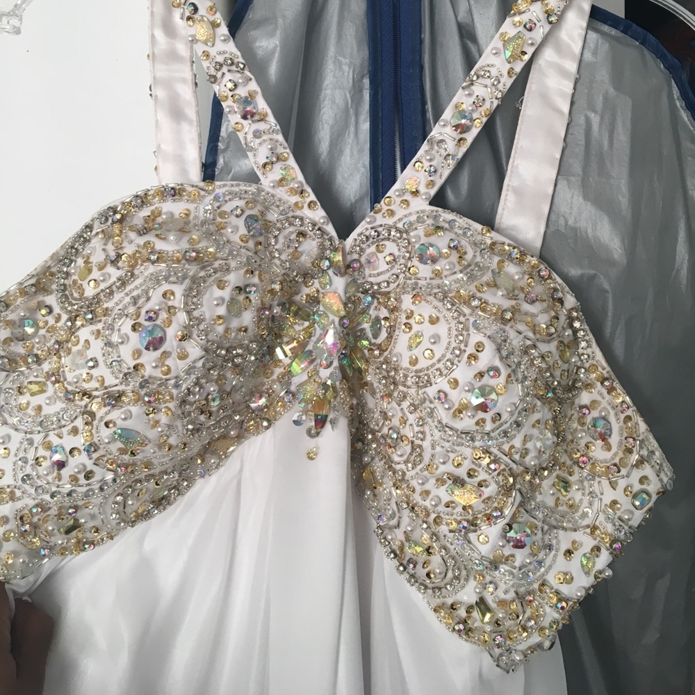 White gem prom dress. Floor length