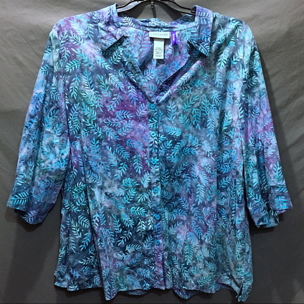 Catherines Blue Purple Batik Button Top 2X Petite
