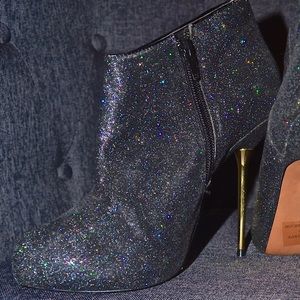 Black iridescent glitter boot with stiletto heel