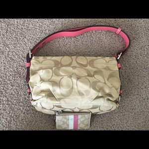 Tan and pink Coach purse with matching wallet