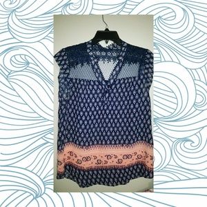 Navy and coral blouse with lace