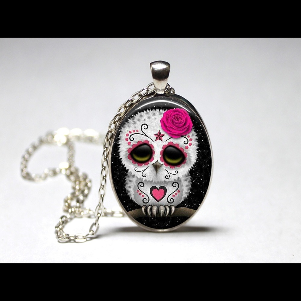 Day of the dead sugar skull lil owl pendant.