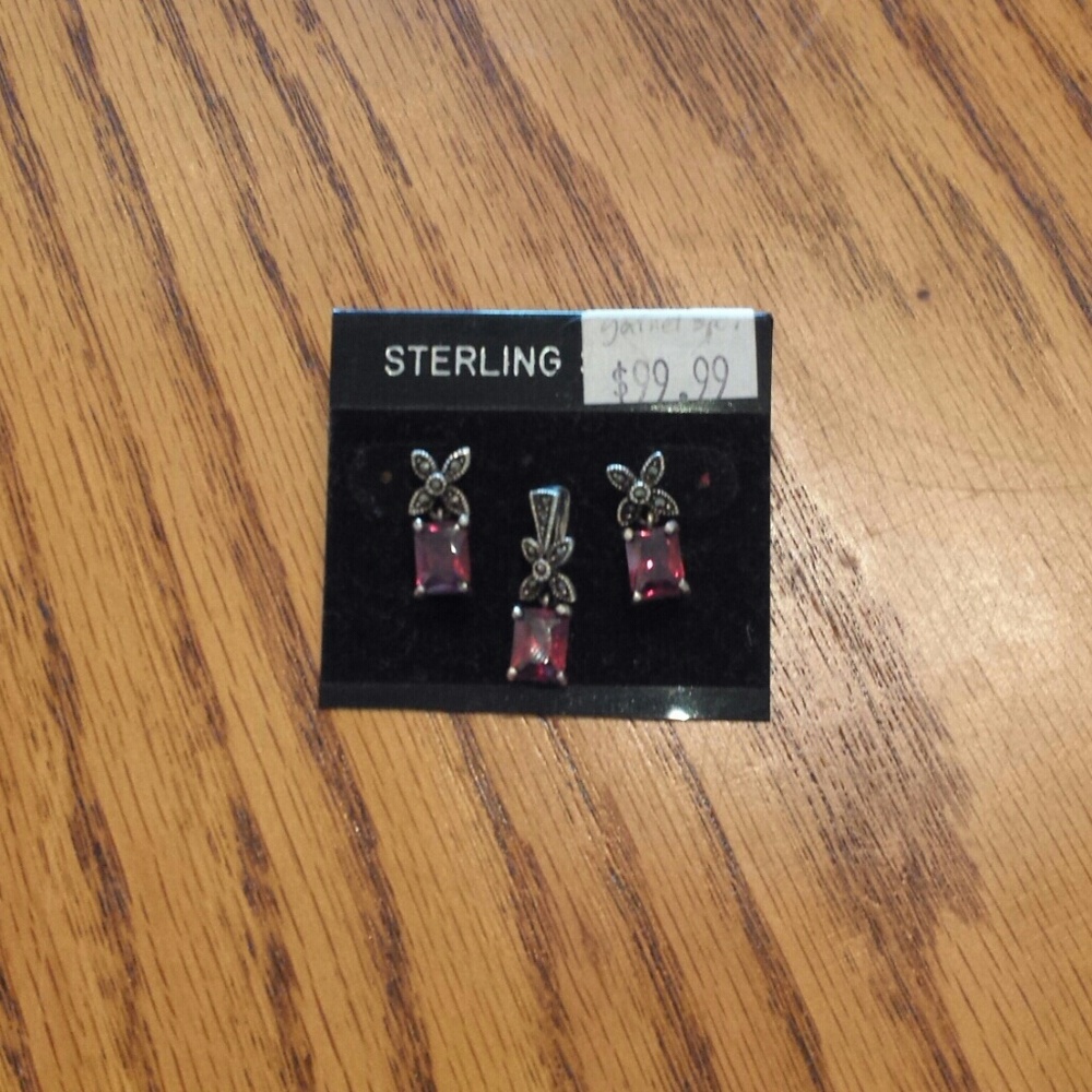 Garnet Mircasite Earrings and Pendant