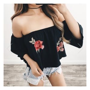 OOTDFASH Embroidered Rose off the shoulder top